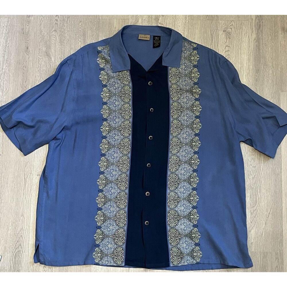 Axist Men Shirt Button Up 2XL Blue 100% Silk Hawaiian Short Sleeve
